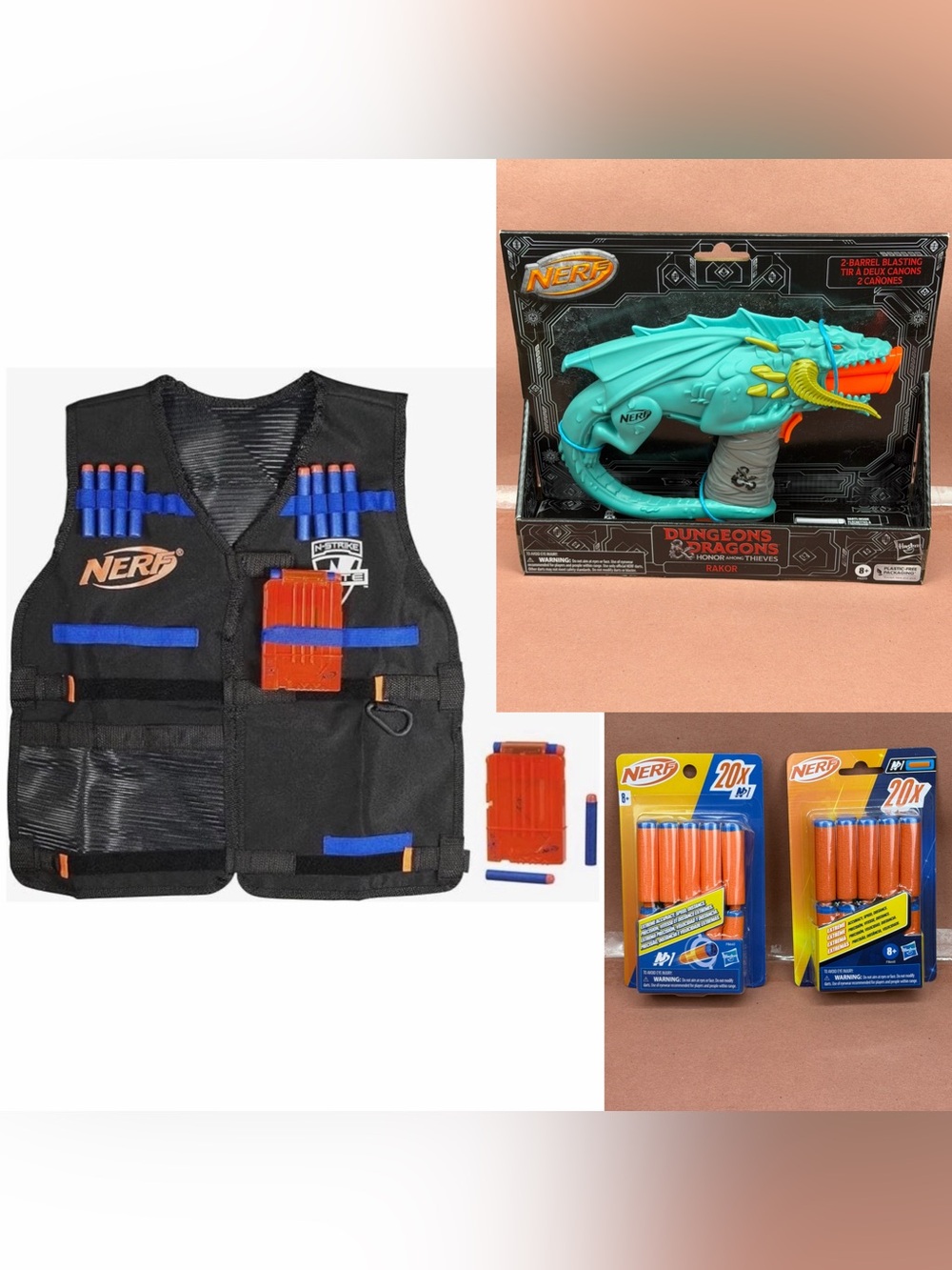 New Official Nerf bundle. Tactical Vest, Dungeons & Dragon Blaster & 2 ammo pks